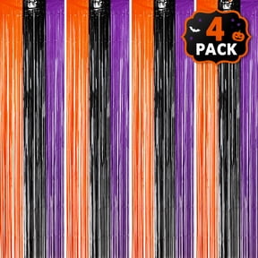 Halloween Foil Fringe Curtain Backdrop, 4 Pack Purple Black Tinsel Door Curtains, 3.3 x 6.6 ft Photo Booth Party Decorations