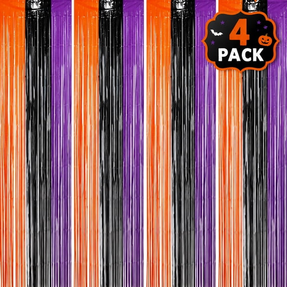 Halloween Foil Fringe Curtain Backdrop, 4 Pack Purple Black Tinsel Door Curtains, 3.3 x 6.6 ft Photo Booth Party Decorations