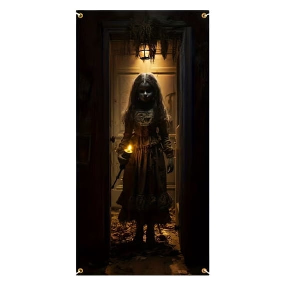 Halloween Door Curtain, Scary Creepy Little Girl Horror Themed Doorway Banner, Easy Hang for Porch Entryway Indoor Outdoor Party Halloween Decor A
