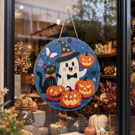 Halloween Door Decor, Farmhouse Halloween Decor, Hanging Halloween Decorations, 12 Inch Halloween Round Wood Sign for Front Door, Porch, Indoor Halloween Party Ambiance