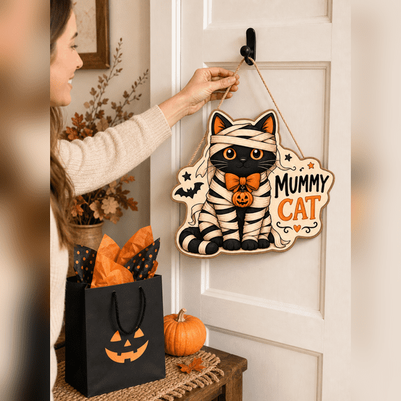 Halloween Door Decor Mummy Cat Wooden Hanging Sign for Front Door Cat Lovers