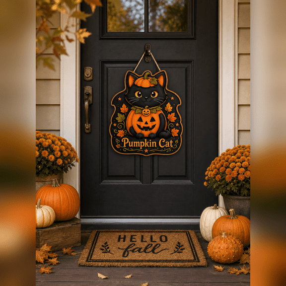 Halloween Door Decor Pumpkin Cat Wooden Front Door Hanger for Halloween Hosts