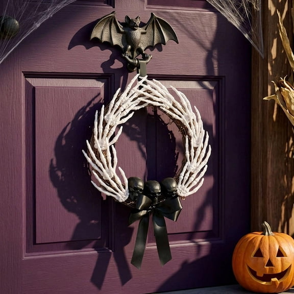 Halloween Door Decor, Skeleton Hand Bone Wreath with Black Satin Bow, Front Porch Halloween Decor, Outdoor Halloween Decorations for Yard, Creepy Hanging Display for Halloween