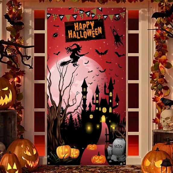 Halloween Door Decorations Banner Cover, Large Fabric Decor Banner, Happy Halloween Banners with Witch Castle Pattern for Front Door Decorations Indoor Outdoor Party Supplies