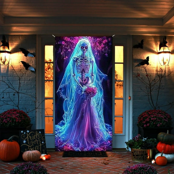 Halloween Door Decorations,Deluxe Haunted House Door Cover- (71x35)Inch,Scary Printed Polyester Hanging Decor,For Indoor/Outdoor Doors​,Glow-In-The-Dark 3d Halloween Tapestry.