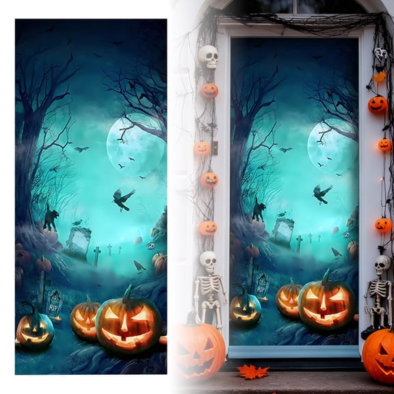 Halloween Door Decorations Halloween Front Door Cover Large Fabric Moon Night Dead Tree Scary Cemetery Pumpkins Porch Backdrop Cover Banner for Birthday Party Supplies