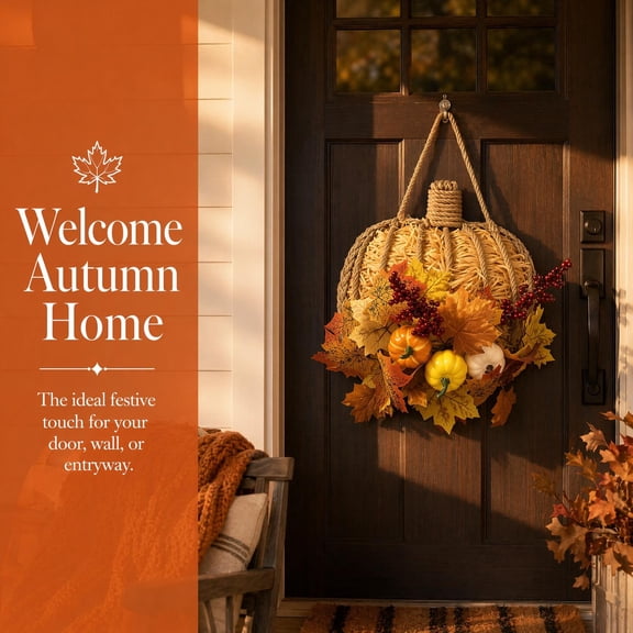 Halloween Door Hanger, Woven Straw Pumpkin Shaped Simulated Flower Arrangement Hanging, Fall Front Door Decor for Rustic Home Styling, Autumn Decorations for Home Friend Gift,