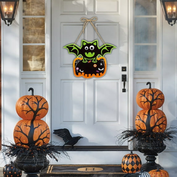 Halloween Door Hanging Decor - Skeleton & Pumpkin Ghost Festival Sign with Pre-Tied String - Multicolor Paper Wall Decor for Indoor/Outdoor Party, Porch, Living Room - 16.14x9.05in Reusable