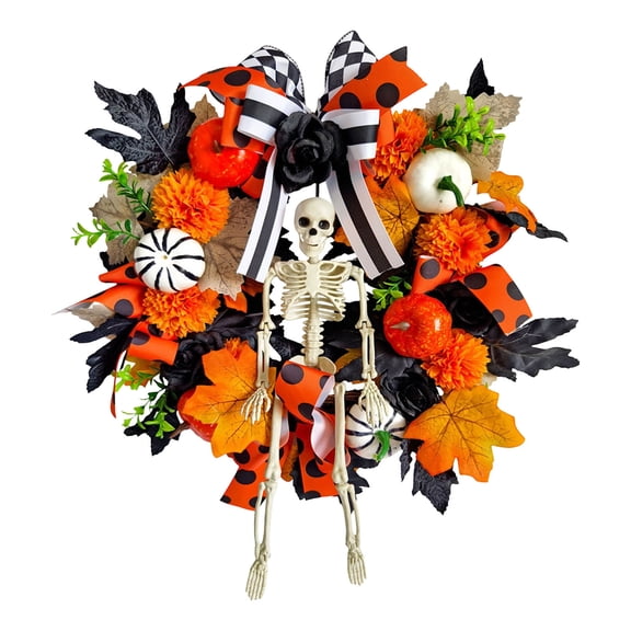 Halloween Door Maple Leaf Pumpkin Skeleton Fall Wreath with Ribbon, Spooky Front Door Hanging Wall Decor for Halloween Home Party(15.75 in)