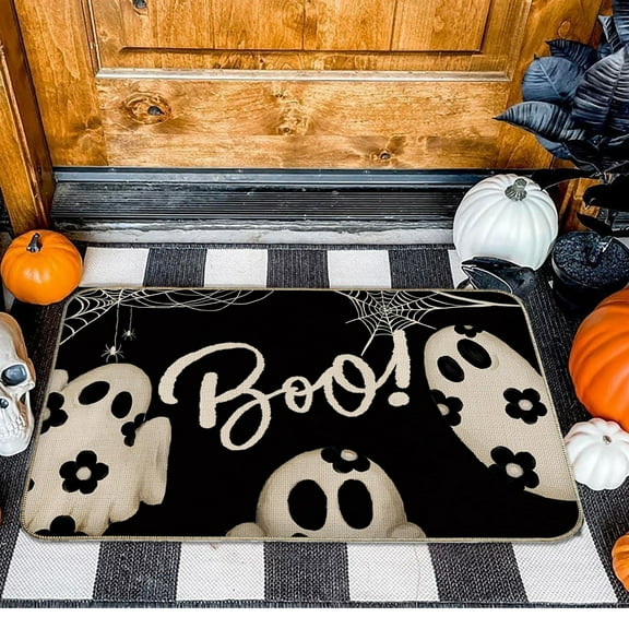 Halloween Door Mat,Halloween Ghost Boo Outdoor Mats for Front Door,Halloween Indoor Entrance Non-Slip Doormat,Halloween Entryway Welcome Rubber Mats for Front Porch Decor 24" x 16"