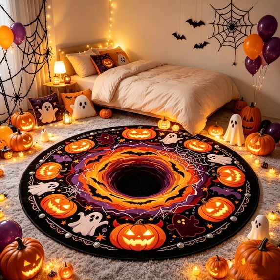 Halloween Door Mat Round 3D Visual Non Slip Absorbent Doormat for Entryway Bathroom by OVFUIZ