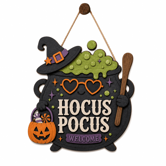 Halloween Door Sign Bubbling Cauldron Wooden Front Door Welcome for Halloween Hosts