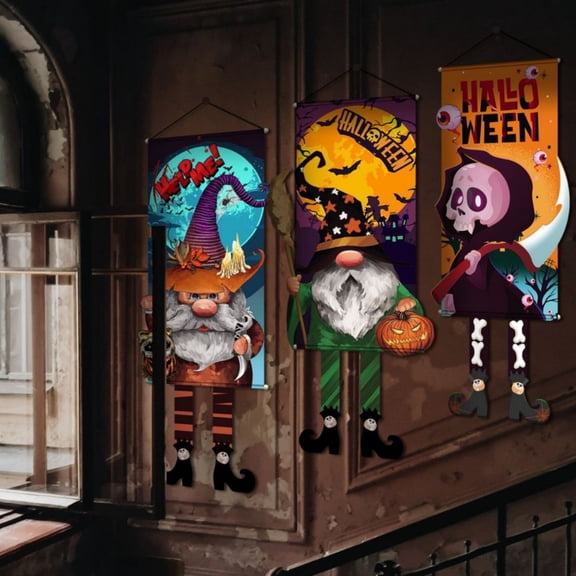 Halloween Door Sign Decorations Happy Halloween Hanging Front Door Flag Porch Sign Small Banner Pumpkin Castle Ghost Witch Spider Web Decor for Home Office Yard Outdoor Indoor Halloween Party Supplies