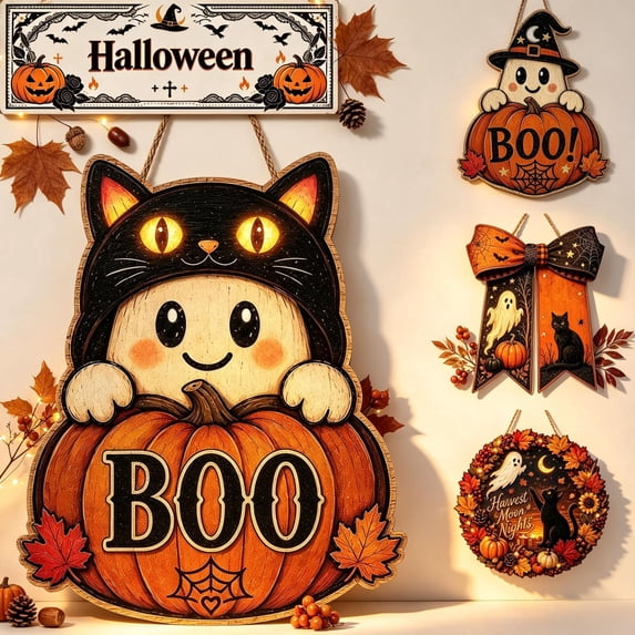 Halloween Door Sign, Round Wooden Ghost Black Cat Harvest Moon Nights Wreath BOO Sign, Fall Maple Leaf Pumpkin Front Door Porch Hanging Decor Indoor, Farmhouse Party Wall Decorations Gifts