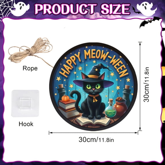 Halloween Door Sign, Spooky Halloween Decor, Led Glowing Circular "Happy Meow- " Plaque, Halloween Porch Decor Accessory, for Halloween Wall Decorations, Aesthetic Halloween Decor