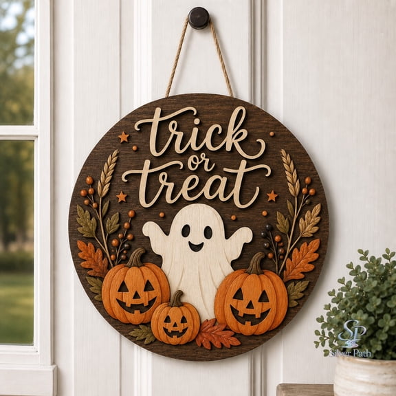 Halloween Door Sign Trick or Treat Ghost Wood Front Door Hanging for Fall Porch Decor