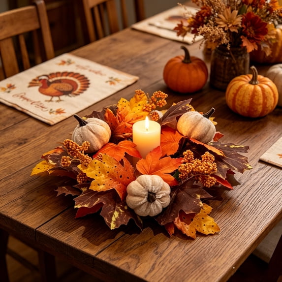 Halloween Door Wreath Maple Leaves Garland, Artificial Maple Leaves and Berries Candle Rings, Fall Candle Holders Wreath Rings for Fall Thanksgiving Halloween Wedding Centerpiece Table Door Décor