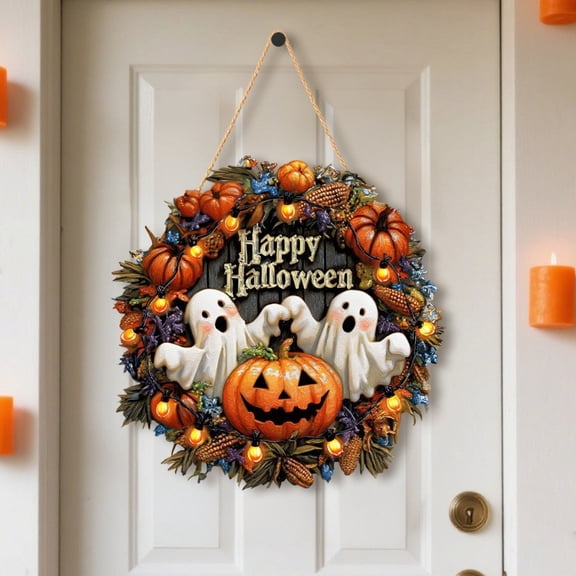 Halloween Door Wreath Wooden Autumn Seasonal Hanging Sign With Ghost Pumpkin Light String Pattern Fall Wall Ornament For Front Door Entryway Porch Indoor Festival Home Decoration
