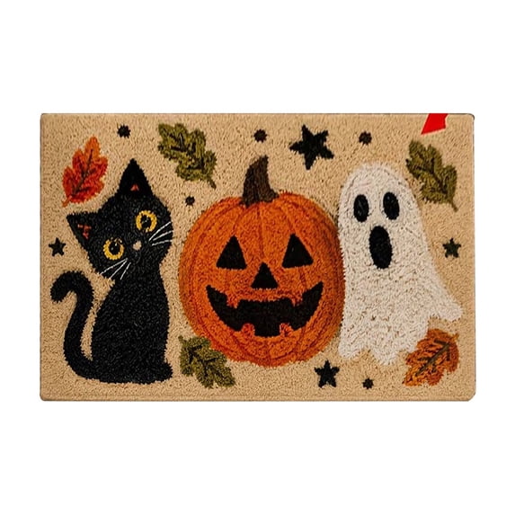 Halloween Doormat, 23.6x15.7 in Non-Slip Absorbent Floor Mat Ghost Pumpkin Cat Designs, Washable Entryway Rug Holiday Decor