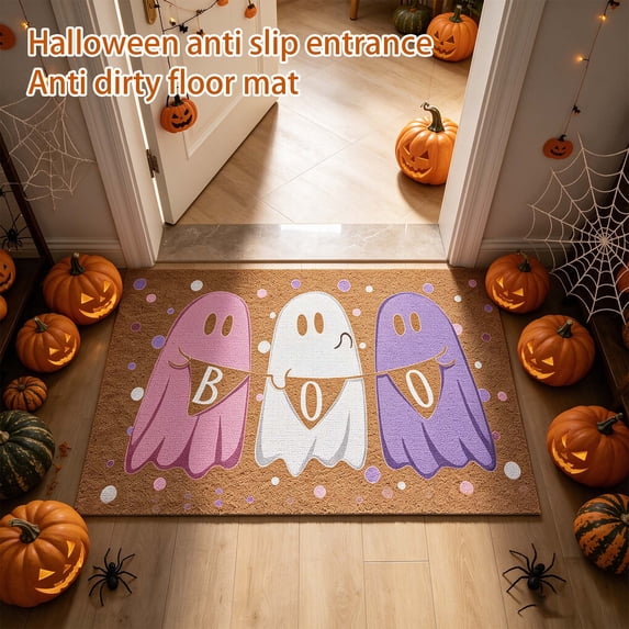 Halloween Doormat 24 Inch Cute Pastel Ghost Decor Pink Purple Halloween Decor for Front Porch Indoor Outdoor Seasonal Home Accent, 1 Pack