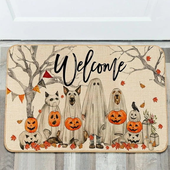Halloween Doormat Black Cat and Pumpkin Door Mat Trick or Treat with Non-Slip Backing Design Indoor Outdoor Decoration for Farmhouse Party Home Decor 23.6x15.7 Inch