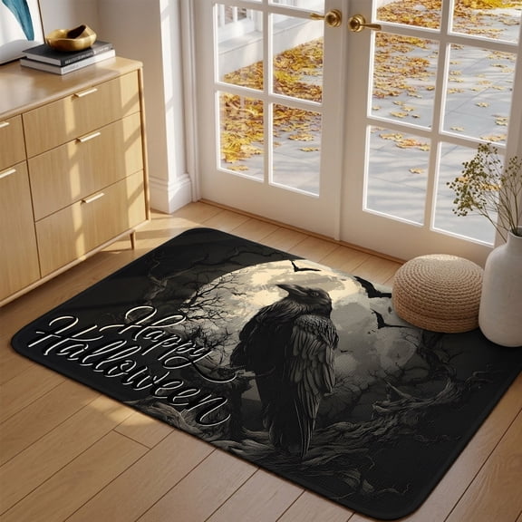 Halloween Doormat Black Crow Front Door Mat Entrance Non Slip Absorbent Doormats Horror Bat Moon Branches Welcome Floor Mat Rugs for Entryway Porch Bathroom Bedroom Kitchen Indoor Outdoor 16"x24"