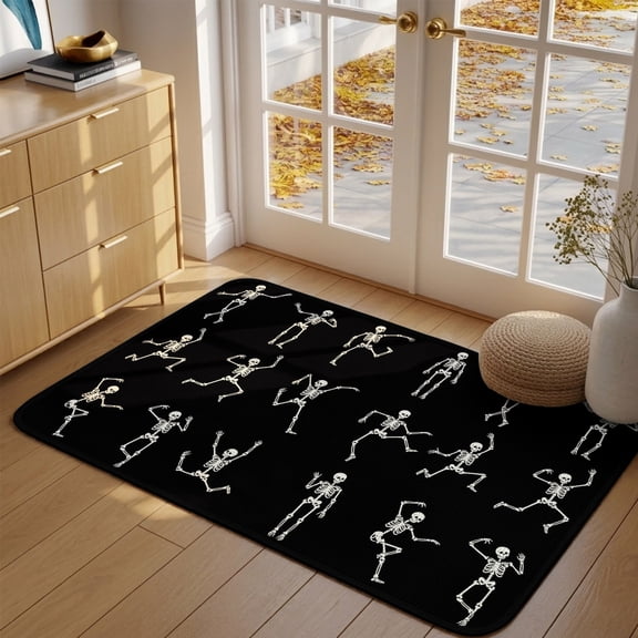 Halloween Doormat Dancing Skeleton Front Door Mat Entrance Non Slip Absorbent Doormats Black Funny Skull Welcome Floor Mat Rugs for Entryway Porch Bathroom Bedroom Kitchen Indoor Outdoor 16"x24"