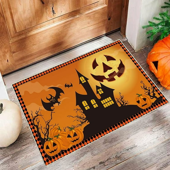 Halloween Doormat for Home Indoor Outdoor Non Slip Absorbent Door Entrance Floor Mat Halloween Decoration Welcome Mat Thick Pumpkin, Bats and Castle Pattern Machine Washable 24*36
