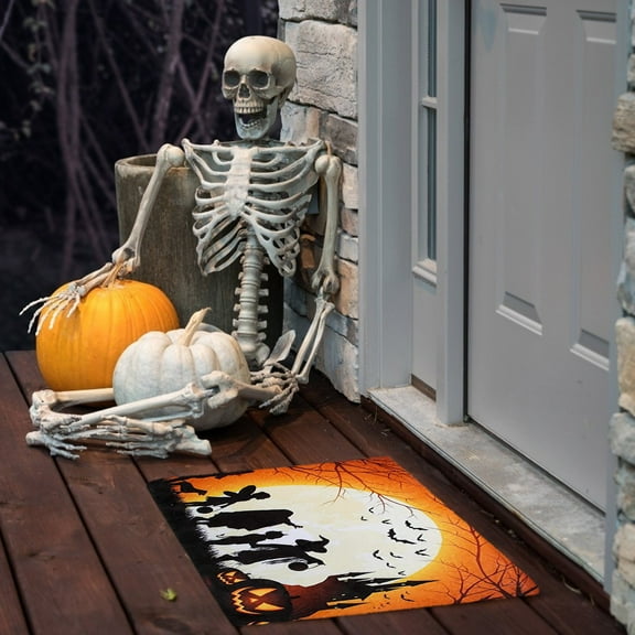 Halloween Doormat Non-Slip Rubber Doormat with Pumpkin, Witches, Cat, Spooky and Haunted House. Door Mat Outdoor and Indoor Use, 16x24 in Rug with Rubber Backing