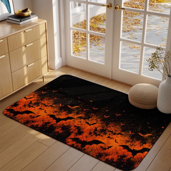 Halloween Doormat Orange Flame Bats Front Door Mat Entrance Non Slip Absorbent Doormats Fire Clouds Horror Night Welcome Floor Mat Rugs for Entryway Porch Bathroom Bedroom Kitchen 16"x24"