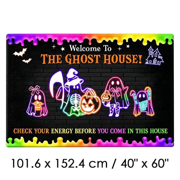 Halloween Doormat, Welcome Ghost House Neon Entrance Rug, Spooky Horror Decor, Indoor Outdoor Mat (40 x 60 in)