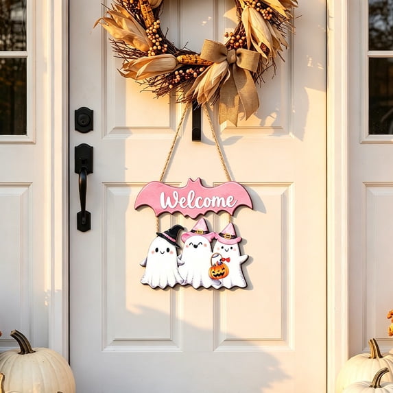 Halloween Doorplate 2D Wooden Ghost-Themed Courtyard Wall Welcome Door Hanging for Porch, Entryway, Gate, Fence, Indoor Outdoor and Spooky Home Decor, A