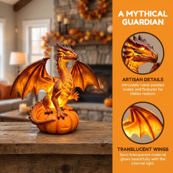Halloween Dragon Legacy LED Light Warm Glow Pumpkin Dragon Figurine Lamp, Resin Craft Ambient Table Light, Cute Spooky Fall Decor Gift for Collectors Bedroom Living Room Holiday Ornament 1Pc