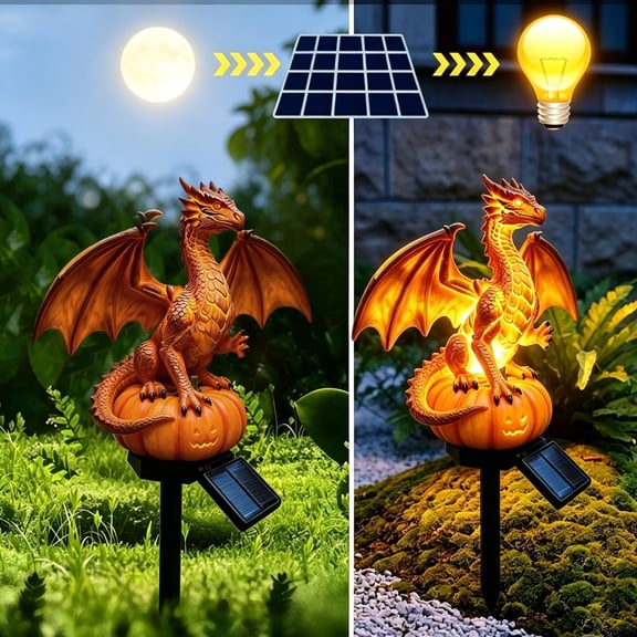 Halloween Dragon Legacy Solar Light with Pumpkin Ground Stake Golden Ember Glow, Gothic Medieval Fantasy Statue Lamp, Outdoor Garden Patio Ornament, Unique Gift for Dragon Enthusiasts
