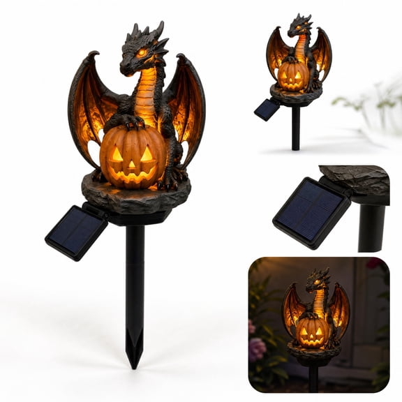 Halloween Dragon Pumpkin Solar Garden Stake Light, Eye-catching Outdoor Statue for Halloween Lawn Layout