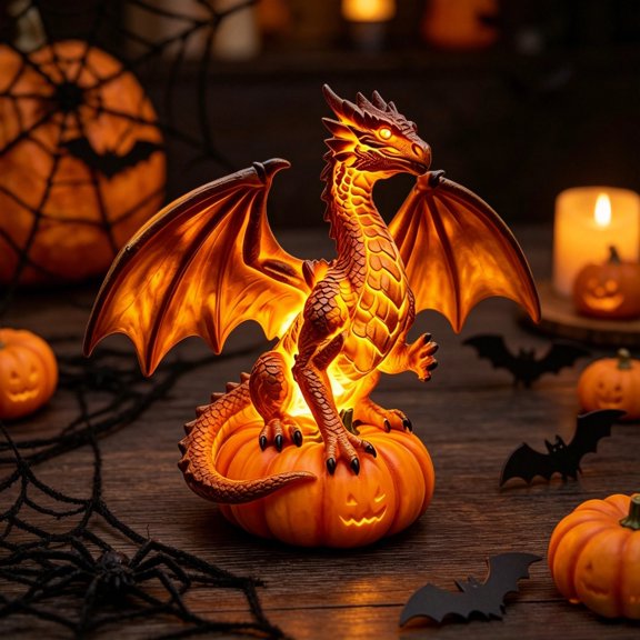Halloween Dragon Pumpkin Table Lamp Retro Resin Statue Vintage Style Night Light for Home Living Room Bedroom Desktop Decoration