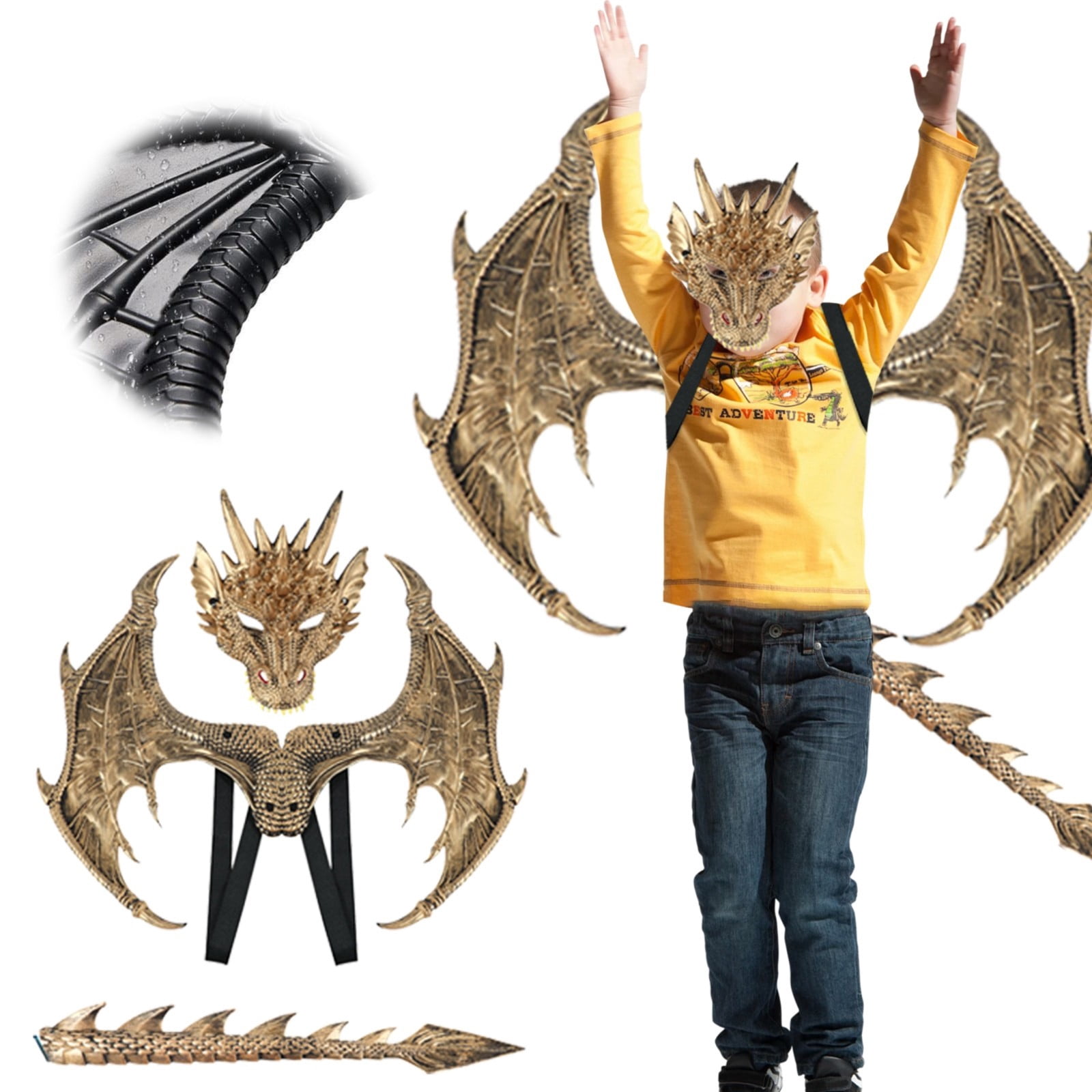 Kids Halloween Dragon Costume Set - 3PCS Face Mask, Wing & Tail Cosplay Props In Red