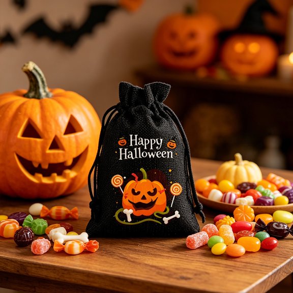 Halloween Drawstring Candy Bag, Reusable Linen Gift Pouch B Essential, Children Party Goodie Bag, Portable Multipurpose Sack, Gothic Autumn Festive Accent