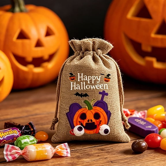 Halloween Drawstring Candy Bag, Reusable Linen Gift Pouch a Essential, Children Party Goodie Bag, Portable Multipurpose Sack, Gothic Autumn Festive Accent