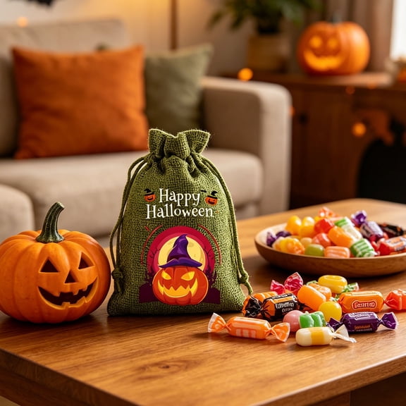 Halloween Drawstring Candy Bag, Reusable Linen Gift Pouch a Essential, Children Party Goodie Bag, Portable Multipurpose Sack, Gothic Autumn Festive Accent