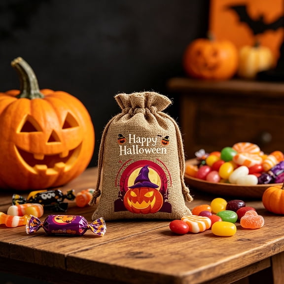 Halloween Drawstring Candy Bags Reusable Teens Goodie Bags Polyester Linen Style Orange 1 Count