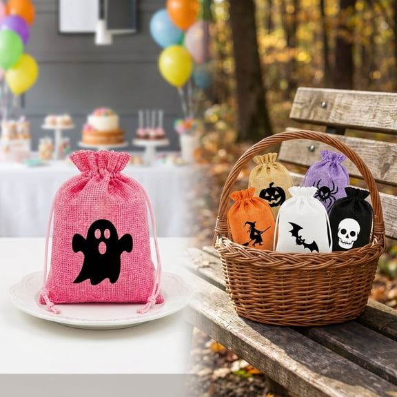 Halloween Drawstring Gift Bags Spooky Candy Treat Pouches with Ghost Pumpkin Witch Skull Prints, Reusable Linen Storage Sacks for Party Favors Small Gifts Halloween Decoration Packaging