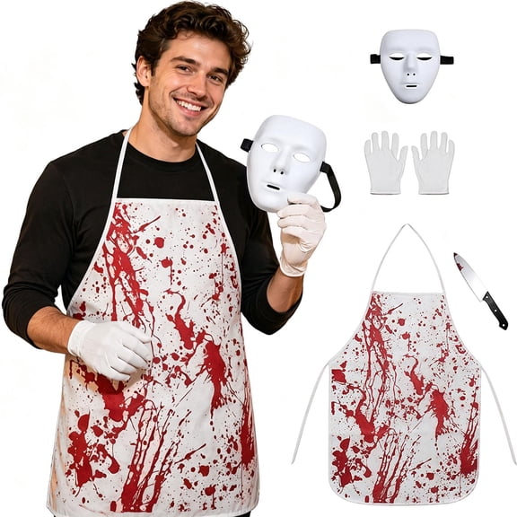 Halloween Dress Up Bundle, Blood Print Apron with Splash Style Red Prints, Halloween Props 4-In-1 Set, Slip on Gloves Full White Matching Pair, Butcher Gear Including Plastic Prop