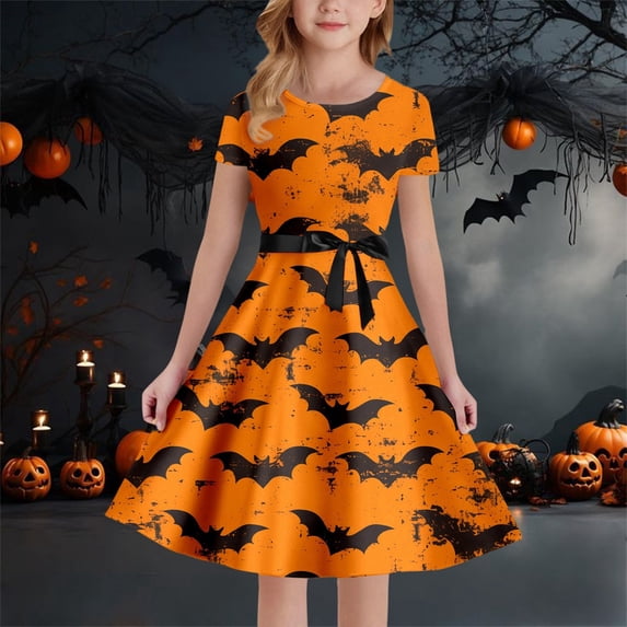 Halloween Dress For Girls Short Sleeve Tiered Swing A-Line Halloween Printed Dresses For Girls Girls' Special Occasion Dresses Girl Outfits 7-8 Years