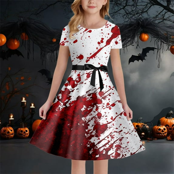 Halloween Dress For Girls Short Sleeve Tiered Swing A-Line Pumpkin Ghost Printed Dresses For Girls Special Occasion Dress Girls Clothes 13-14 Years