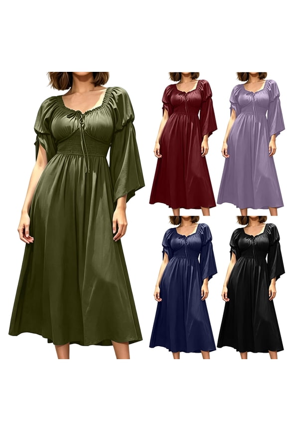 Halloween Dress For Women Medieval Renaissance Gothic Midi Dresses Drawstring Crew Neck Long Sleeve Outfits (L, Army Green)