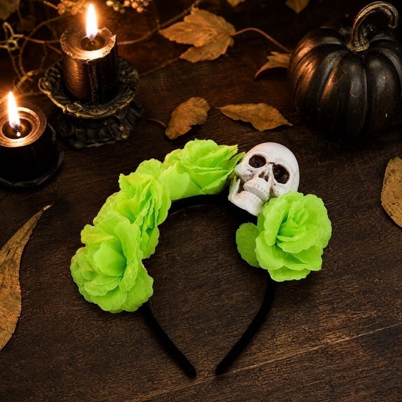 Halloween Dress Up Headwear, Halloween Party Lime Green Floral Skull Headband, Black Party Decorations Gothic Piece, Spooky Halloween Decorations for Haunted House Event, Themed