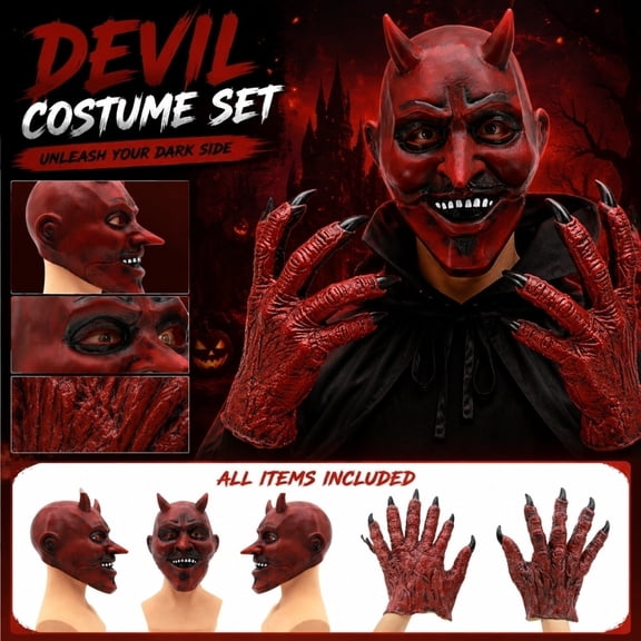 Halloween Dress Up Kit, Scary Prop for Masquerade, Horror Mask Full Latex Mask Set, Scary Mask For, Red Demon Paw Gloves 11X9 in Designed to Complete Your Themed Halloween Makeup