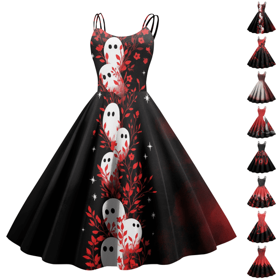 Halloween Dress for Women Vintage Medieval Pumpkin Bat Printed Dress Renaissance Ruffle Hem Swing Dress Flowy A Line Casual Dress Cami Tank Crew Neck Midi Dress