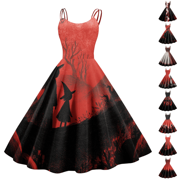 Halloween Dress for Women Vintage Medieval Pumpkin Bat Printed Dress Renaissance Ruffle Hem Swing Dress Flowy A Line Casual Dress Cami Tank Crew Neck Midi Dress